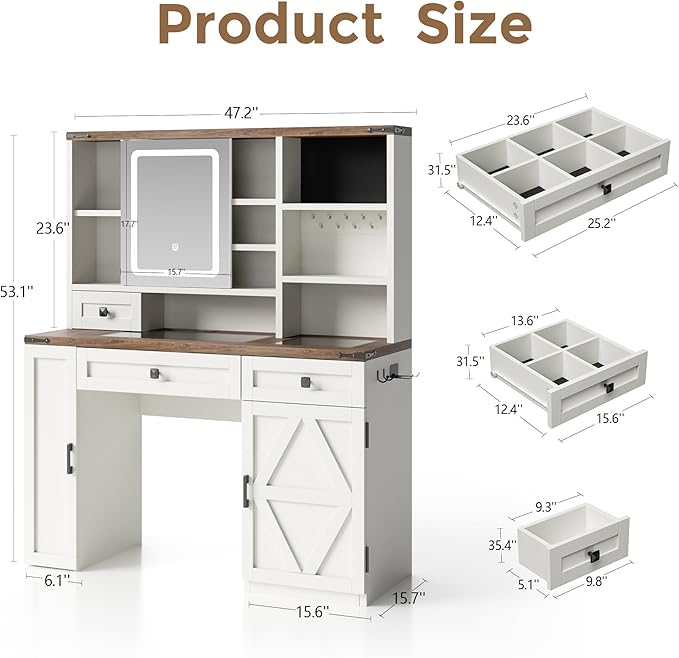 Farmhouse Makeup Vanity Desk with Sliding Mirror and Lights, Glass Desktop Makeup Vanity Desk with Charging Station, 3-Tier Hidden Slide-Out Vanity Shelves, Jewelry Storage Cabinet, 2 Drawers-White