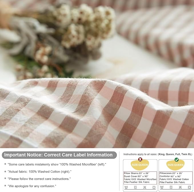 mixinni Pink Gingham Comforter Set Twin XL, Plaid Comforter Set 3 Pieces 1 Pink Grid Comfoter with 2 Pillow Cases for All Seasons, Soft Fluffy Modern Grid Pattern Printed Bedding-Twin XL Size