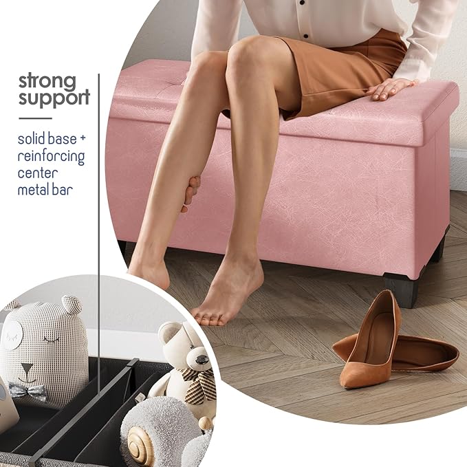 STORAGEBUD Storage Ottoman Bench with Bins, 30-in Storage Bench for Bedroom End of Bed, Folding Foot Rest Ottoman for Living Room Max 660lbs, Faux Leather Ottomans, Pink