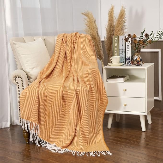 Gealaek Decorative Herringbone Faux Cashmere Throw Blanket Orange Cheveron Fringe Lightweight Fuzzy Soft Cozy Throws for Sofa Bed Farmhouse Throw Blanket 50" x 60"