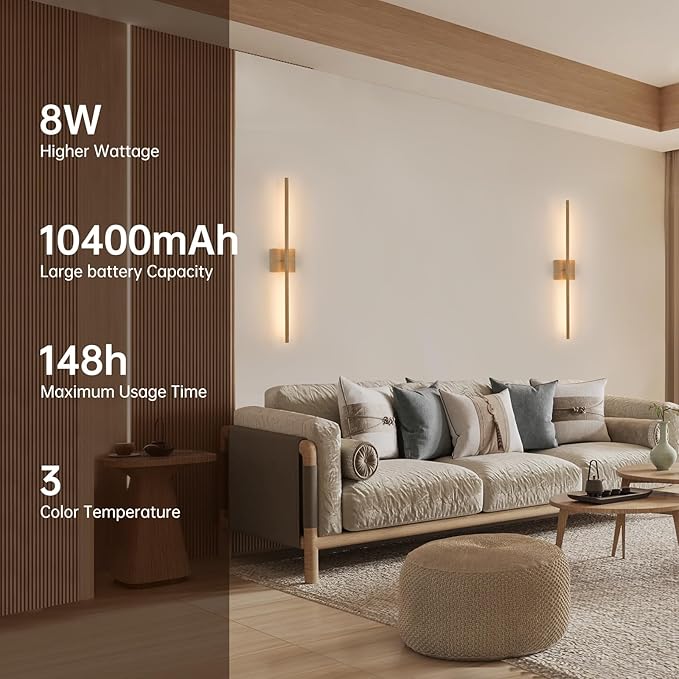 Battery Operated Wall Sconce Set of 2, 10400mAh Rechargeable Wall Sconces, 3000K-6000K Dimmable, 350°Rotate, Indoor Wall Lights for Bedroom Living Room, Original Wood, 31.5 Inch