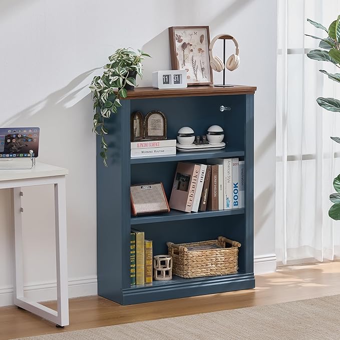 43" Blue Tall Bookshelf Set of 3,3-Tier Thick Wooden Book Shelf with Adjustable Shelves,Free Standing Farmhouse Bookcase with Open Display Storage,Floor Vintage Bookshelves for Living Room ﻿