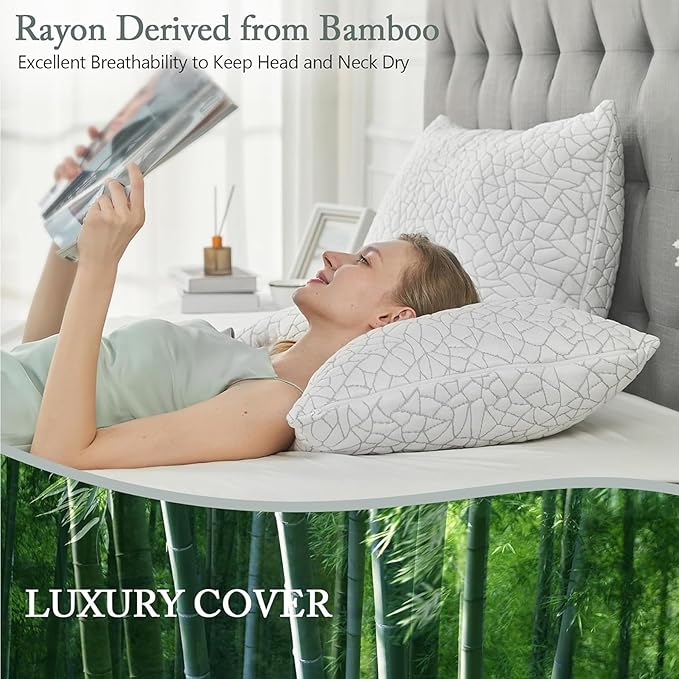 BPC Rayon Derived from Bamboo Pillows Queen Size - Adjustable Shredded Memory Foam Pillow with Removable Cover Firm Pillow for Side Stomach and Back Sleepers, CertiPUR-US