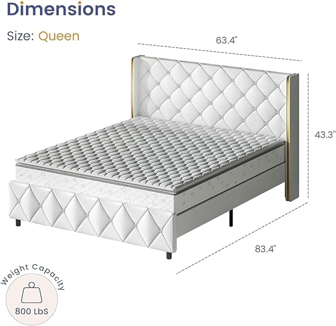 Bed Frame Queen Size with Headboard, Leather Bed with Wingback Design, Modern Diamond Bed Frame with Tufted Deep Button, No Box Spring Needed, Easy Assembly, White