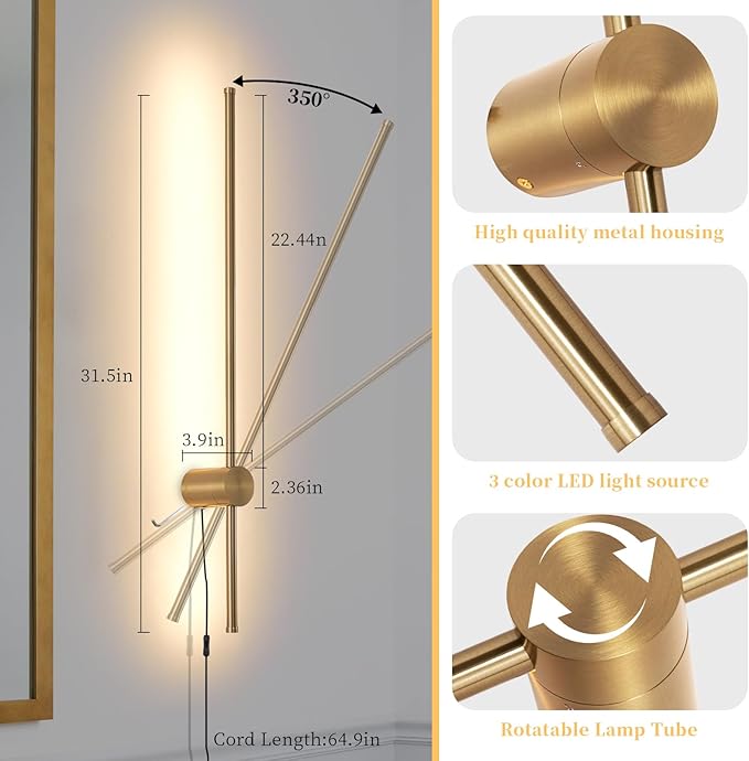 Dimmable Plug in Wall Sconce Set of 2, Gold 31.5" LED Wall Light with Remote, Adjustable Color Temperature Brightness Wall lamp with Timer for Living Room,Bedroom and Accent Lighting