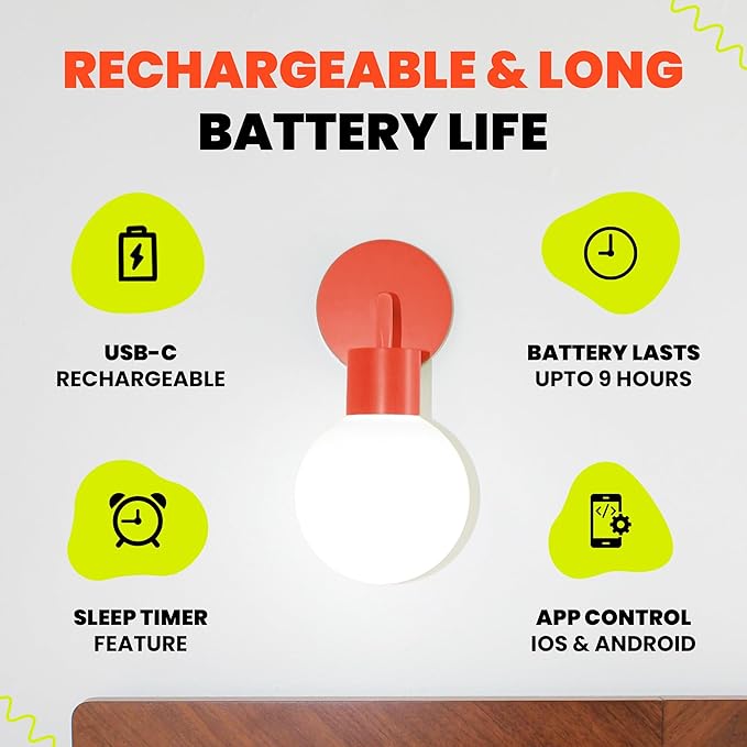 Wireless Wall Sconce (Shark Tank) Rechargeable & Dimmable LED Light w/App Control & Damage-Free Install, Moveable Modern Ambient Lighting for Elegant Home & Bedroom Decor | Vermillion Red