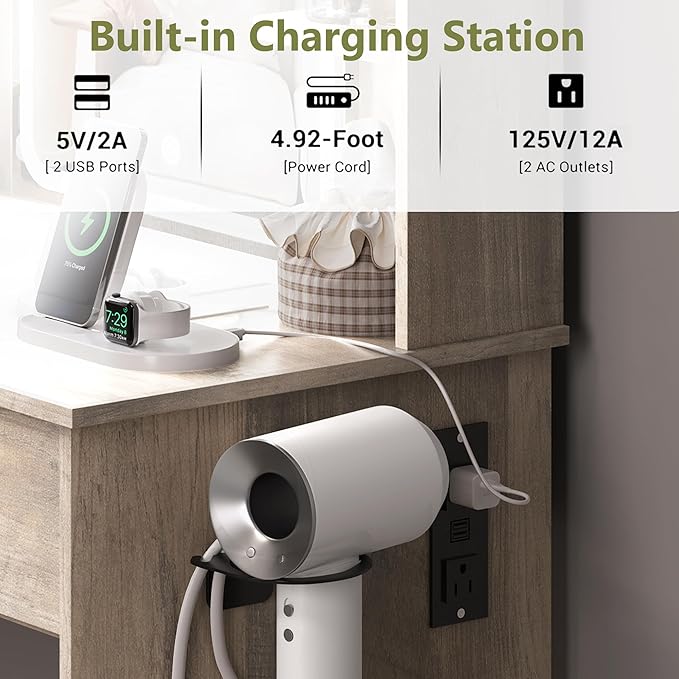 Small Vanity Desk with Mirror and Lights, Makeup Vanity with LED Lights, Grey Vanity Mirror with Lighted Desk and Chair, 3 Lighting Adjustable Compact Dressing Table with Mirror for Women, Girls