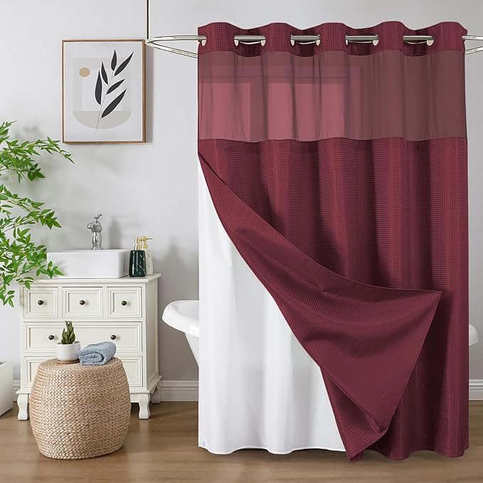 Colorful Star No Hook Waffle Shower Curtain with Snap in Fabric, Waterproof Shower Curtains with See Through Top Window, Hotel Luxury Heavy Duty Bathroom Curtain and Liner Set, 72'' x 75'', Burgundy