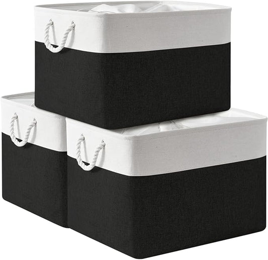 TheWarmHome Organization and Storage for Shelves - Extra Jumbo 3 Pack 20.5x15.7x13.8 inch Fabric Storage Basket for Organizing, Storage Bins for Shoes Towel Blanket (White & Black)