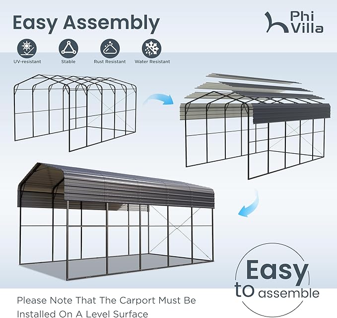 PHI VILLA 25 x 14 ft Heavy Duty Metal Carport with Galvanized Steel Roof for RVs, Cars, Boats, and Tractors