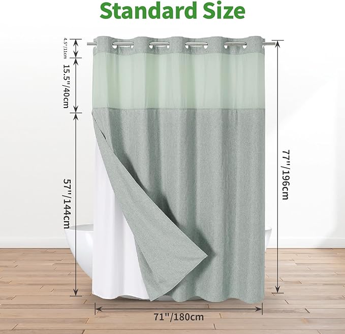 No Hooks Needed Linen Textured Shower Curtain with Snap-in Fabric Liner Set,Sage Green Hotel Luxury Decor Shower Curtains for Bathroom,Water Repellent & Washable,71Wx77H