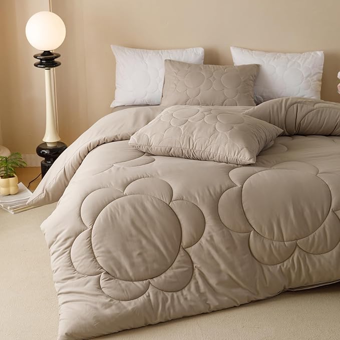 Luxlovery Beige Coffee Comforter Set Full Light Khaki Sunflower Bedding Comforter Mocha Coffee Bedding Comforter Set Boho Farmhouse Modern Bedding Set Full Size