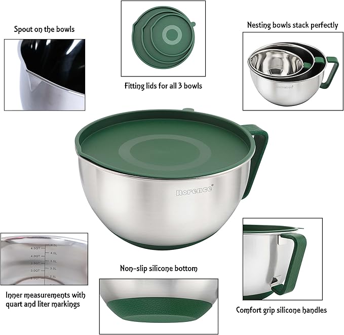 Rorence Mixing Bowls Set: Stainless Steel Non-Slip Bowls with Pour Spout, Handle and Lid - Set of 3 - Green