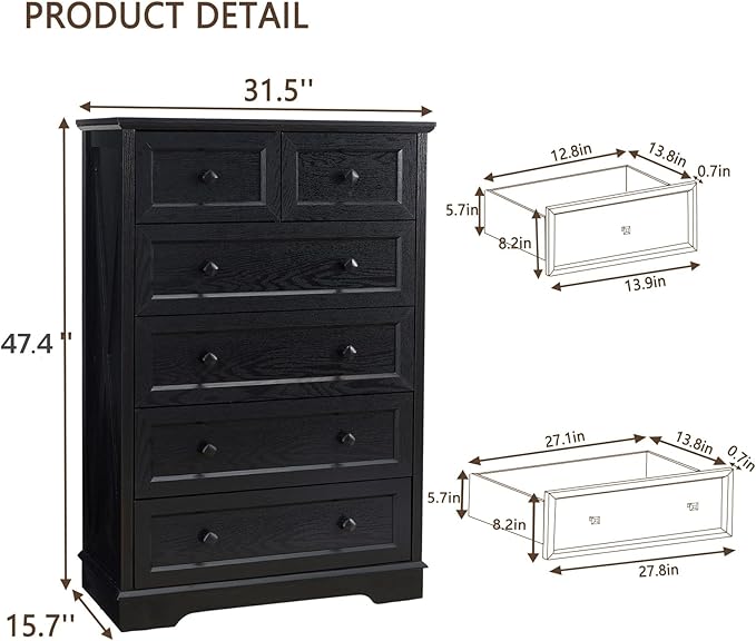 Farmhouse 6 Drawers Dresser Chests for Bedroom, Tall Black 6 Chest of Drawers, Wood Dressers Organizer for Closet, Modern Storage Organizer Cabinet for Bedroom,Living Room,Hallway & Entryway