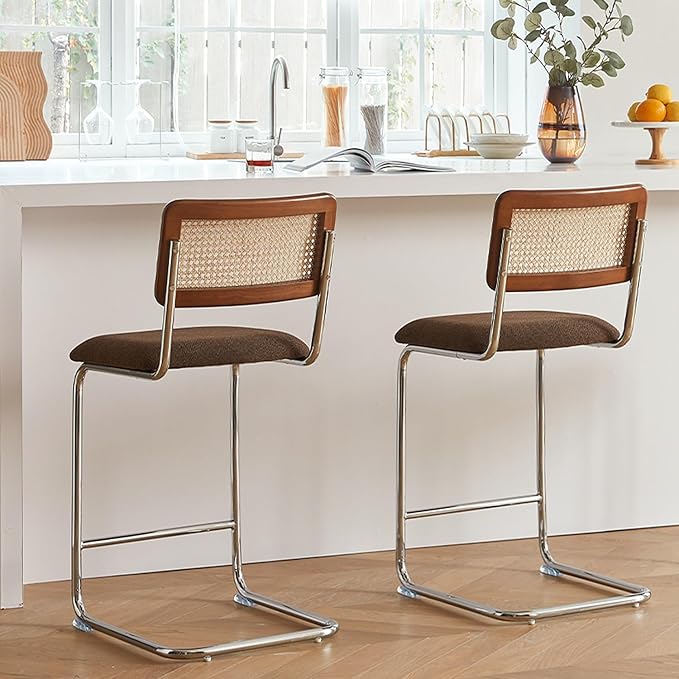 Natural Rattan Counter Height Stools Set of 2 with Solid Wood Back, 24 Inch Mid Century Modern Cesca Bar Stools, Brown Upholstery Boho Stool for Kitchen Counter with Chrome Metal Legs