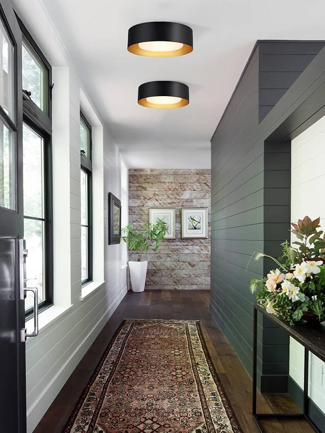 Vikaey Modern Mid Century Flush Mount Ceiling Light, 2-Light Minimalist Round Light Fixture, Black and Gold Drum Ceiling Lamp with Glass Lampshade for Bedroom, Hallway, Kitchen, 12.5in