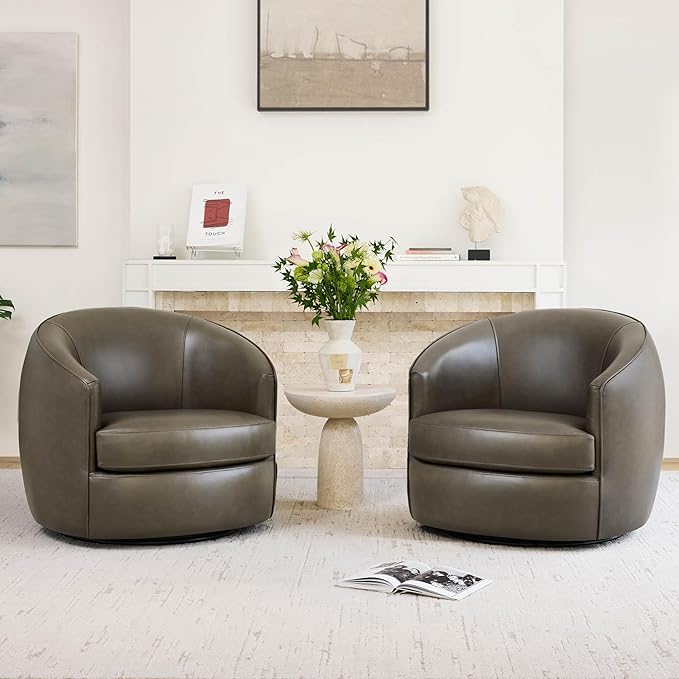 CHITA Genuine Leather Swivel Barrel Chair, Modern Comfy FSC Certified Upholstered Leather Accent Chair for Living Room, Fully Assembled, Mink Brown