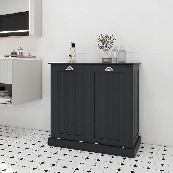 Tilt Out Laundry Hamper Cabinet with Removable Basket, Double Hidden Laundry Hamper Cabinet, Wood Bathroom Storage Cabinet, Free Standing Home Organizer, (Black)