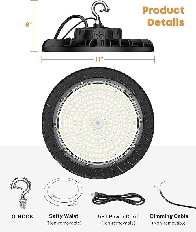 6 Pack UFO LED High Bay Lights 150W 22500LM, 5000K 0-10V Dimmable High Bay Led Shop Lights AC100-277V with 5' Cable Plug, ETL Listed High Bay Light for Warehouse Garage Factory Workshop Barn