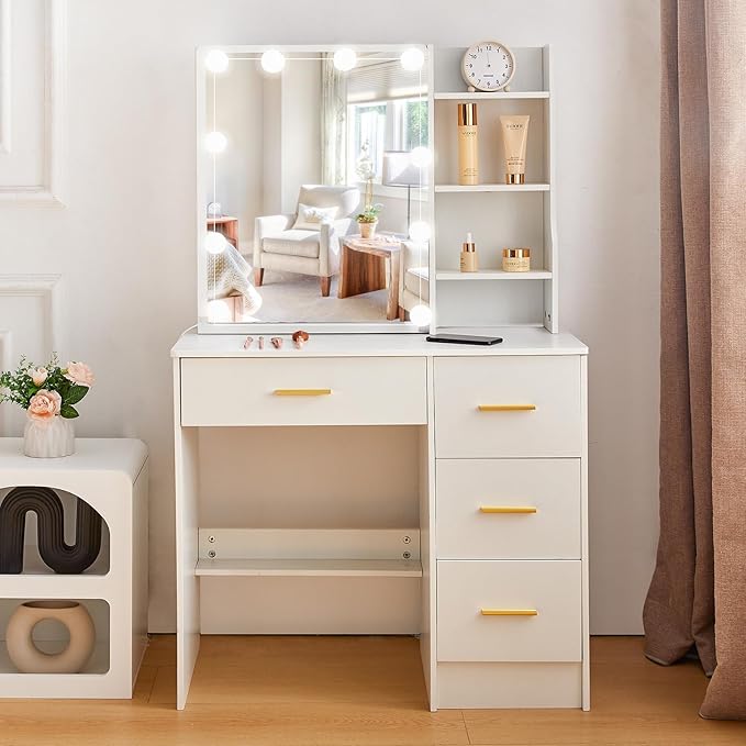 JBLCC Vanity Desk with Mirror and Lights, White Makeup Vanity with 3-Color Lighted Sliding Mirror, 4 Drawers & Open Shelves, Small Vanity Table for Bedroom, Girls & Women