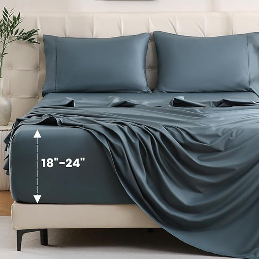 Bedlifes Queen Sheet Set, Extra Deep Pocket 18-24 Inches,1000Thread Count 100% Egyptian Cotton, Soft and Breathable Sateen 4-Piece,Lake Blue