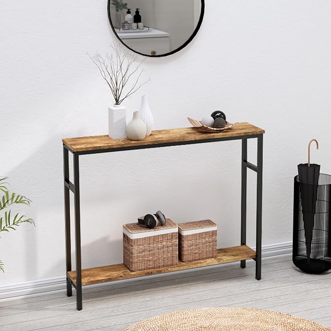 Narrow Console Table, 39.4” Sofa Table with Adjustable Shelf, 2-Tier Long Skinny Table for Hallway, Entryway, Living Room, Foyer, Rustic Brown