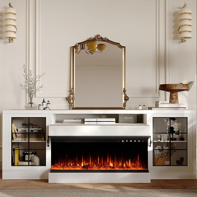 CharaVector 3-Sided Farmhouse Electric Fireplace TV Stand for TVs up to 75'', Entertainment Center with Glass Door Storage Cabinet, 60'' Large TV Stands with 30''Fireplace, White