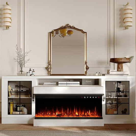CharaVector 3-Sided Farmhouse Electric Fireplace TV Stand for TVs up to 75'', Entertainment Center with Glass Door Storage Cabinet, 60'' Large TV Stands with 30''Fireplace, White