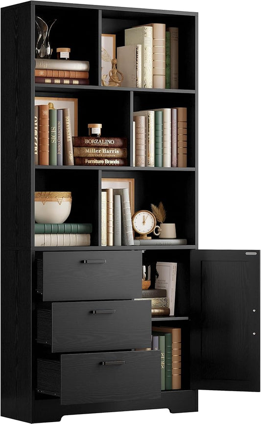 IRONCK Bookshelf with Drawers, 70.9 inch Tall Bookcase with Doors, Bookshelves and Bookcases with Storage, Bookshelf with 6 Open Cubes for Home Office, Living Room, Study, Black