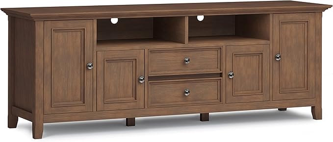 SIMPLIHOME Amherst 72-inch Wide Solid Wood TV Stand in Rustic Natural Aged Brown, Transitional-Style Media Console for Living Room with Cable Management and Adjustable Shelves, Fits 80" TVs