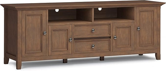 SIMPLIHOME Amherst 72-inch Wide Solid Wood TV Stand in Rustic Natural Aged Brown, Transitional-Style Media Console for Living Room with Cable Management and Adjustable Shelves, Fits 80" TVs