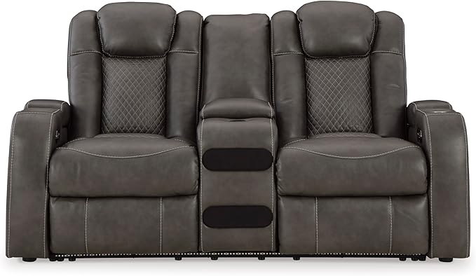Signature Design by Ashley Fyne-Dyme Contemporary Power Reclining Loveseat with Console, USB Charging Ports and Adjustable Headrest, Gray