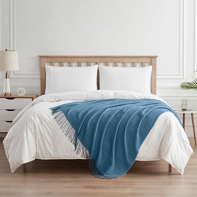 BOURINA Herringbone Two Tone Throw Blanket Faux Cashmere Fringe Soft Lightweight Cozy for Bed Couch Decorative Throws Blanket, Spa Blue, 50" x 60"