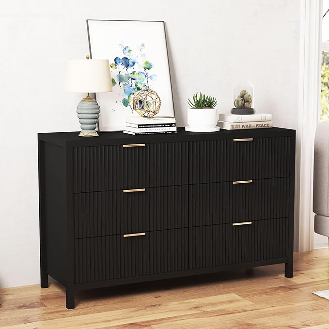 Fluted 6 Drawer TV Stand Dresser for Bedroom, Mid Century Modern Dresser with Drawers, Storage Organizer with 6 Drawers, Fluted Cabinet for Closet Cloth, Living Room, Entryway -Black