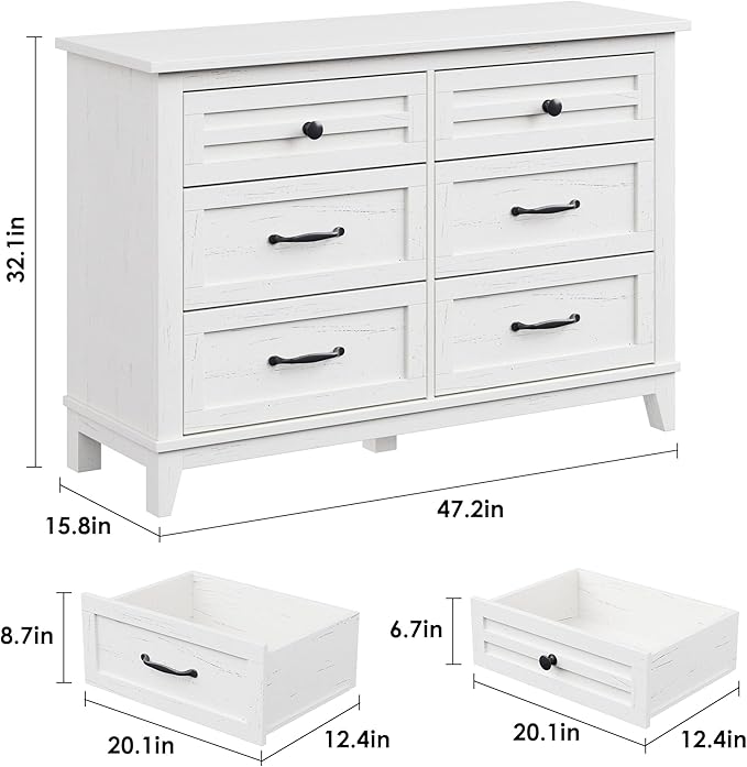 GarveeHome 6 Dresser for Bedroom, 47" Wide Drawer Dresser with Storage Freestanding, Wooden Closet Storage Chest for Living Room, Bedroom, Entryway, White