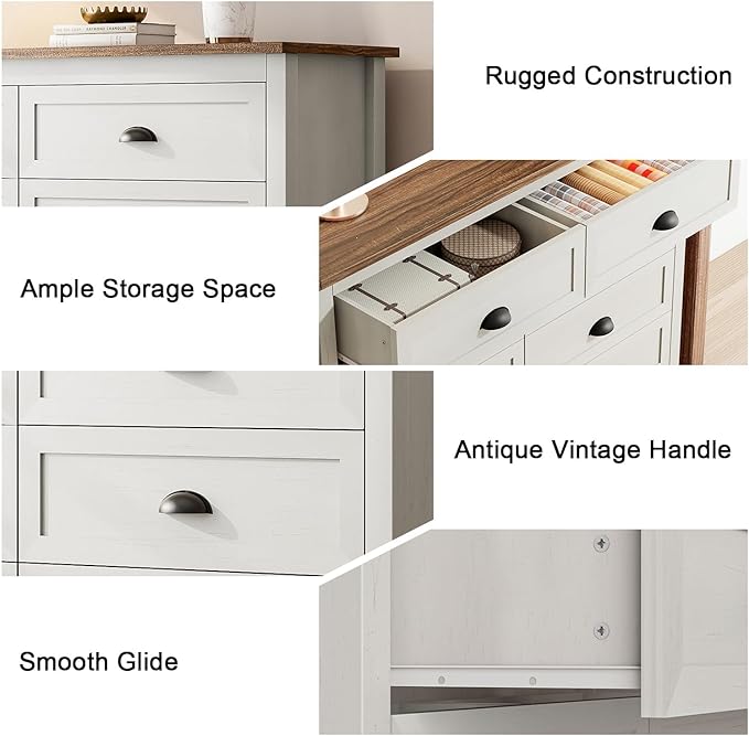 Wananlanen® Farmhouse Dresser for Bedroom, Antique Double Dresser & Chest of Drawer with Vintage Handle and Storage, Wooden Tall Rustic Organizer for Bedroom (Antique White, 8 Drawer)