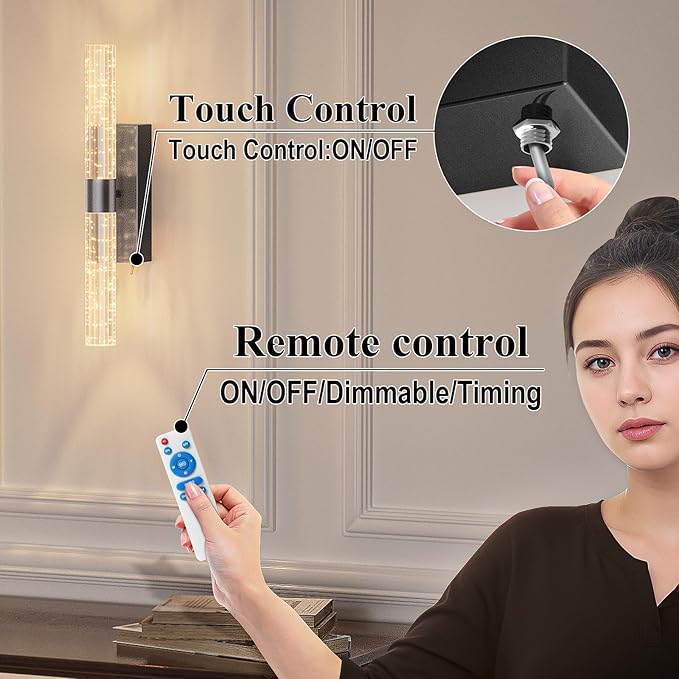 Battery Operated Black Wall Sconces Set of 2 Rechargeable Battery Powered Wall Light with 12000mAh Indoor Not Hardwired Dimmable Wall Lamp Fixtures for Bedroom Living Room 15.3 Inches