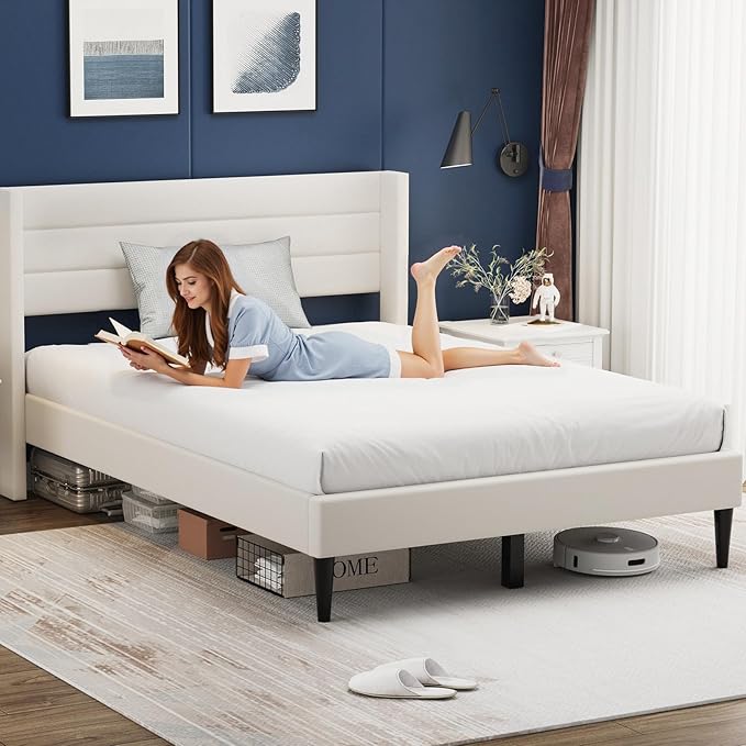 Casaottima Queen Bed Frame Upholstered Platform Bed with Wingback Headboard, Wooden Slats Support, Noise-Free Mattress Foundation, No Box Spring Needed, Easy Assembly, Horizontal Stripe Cream White