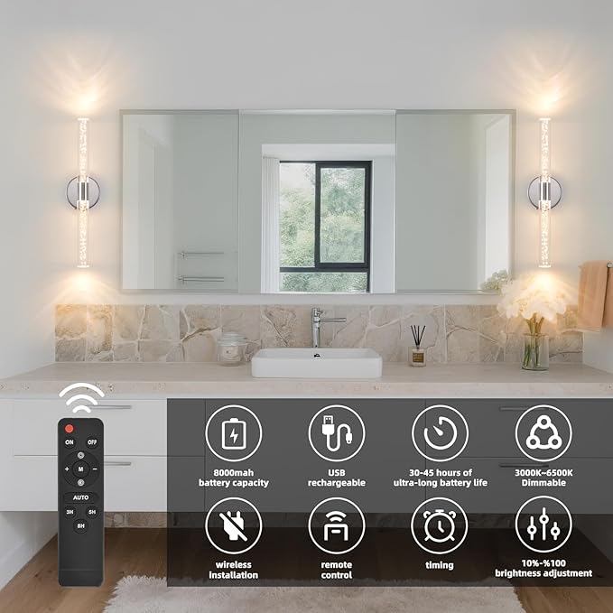 Silver Wall Light LED Battery Operated Wall Sconces(2 Pack), 20-Inch Dimmable Crystal Wall Sconce, Rechargeable Chrome Bubble Wall Lights, Wireless Wall Lamp for Bedroom, Living Room