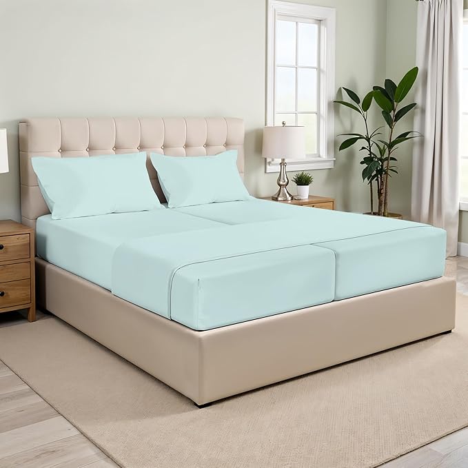 XOOX Linen Split King Sheets Sets for Adjustable Bed - 100% Cotton 500 Thread Count Split Head King Sheets (5 PC, Sea Foam), Soft, Cooling Sateen Weave Sleep Number Deep Pocket Bed Sheet Set