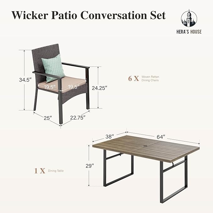 HERA'S HOUSE 7 Piece Patio Dining Set for 6, 6 x Outdoor Rattan Armchair with Removable Cushions, 1 x 64 Inches Rectangular Patio Table with Umbrella Hole for Patio, Lawn, Garden
