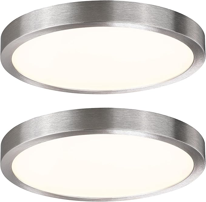 10 Inch Flush Mount LED Ceiling Light Fixture, Slim Dimmable Flush Mount Light for Kitchen, Metal and Glass Modern Ceiling Light for Low Ceiling, Bedroom, Laundry, Brushed Nickel, 17W, 3000K, 2 Pack