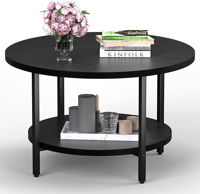 Coffee Table, 2 Tier Coffee Tables for Living Room, Round Coffee Table with Storage, Floor Table for Bedroom, Home Office, Black (27.6" D x 17.7" H)