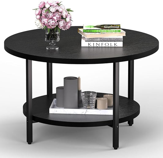 Coffee Table, 2 Tier Coffee Tables for Living Room, Round Coffee Table with Storage, Floor Table for Bedroom, Home Office, Black (27.6" D x 17.7" H)