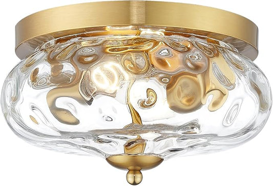 Darkaway Ceiling Light Fixtures Flush Mount Indoor Outdoor Ceiling Light with Water Ripple Glass Shade for Hallway Kitchen Bedroom Porch Living Room Gold Finish