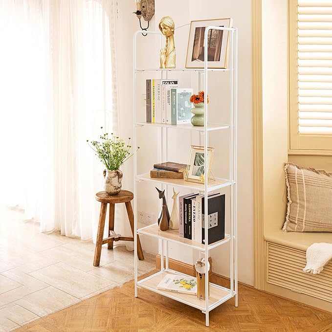 Crofy No Assembly Folding Bookshelf for Living Room, 5 Tier White Collapsible Book Shelf for Home Office, Portable Bookcase Storage Organizer