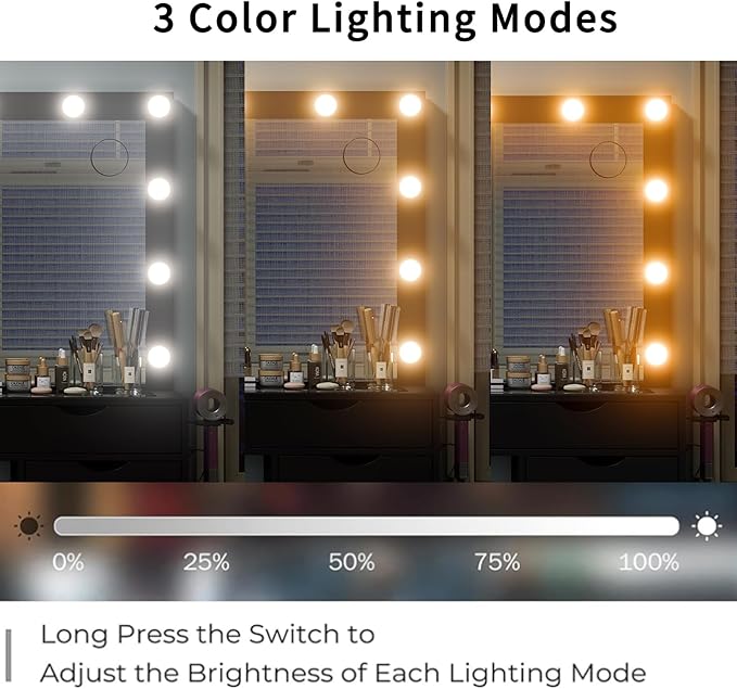 15 Drawers Vanity Desk with Power Outlet, Makeup Table with Mirror and 13 LED Lights, 3 Color Lighting Modes, Brightness Adjustable, Glass Top Dressing Table, Vanity Set for Bedroom, Black