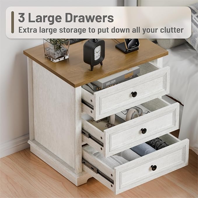 3 Drawer Dresser, Chest of Drawers with Charging Station, 24” Wide End Table with 3 Drawers, Modern Bedside Table with Storage, Wooden Small Dresser. (White)
