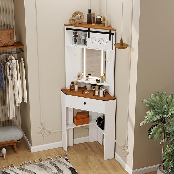 ARTETHYS Small Vanity Desk Set with Lights and Mirror Makeup Vanities with Drawers for Corner Space White Farmhouse Make up Dressing Table with Storage Stool for Bedroom