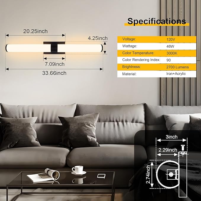 Kalium 33in Modern Wall Sconces, Dimmable Bathroom Vanity Lights, 3000K Warm White LED Indoor Sconces Lighting for Bathroom, Stairs, Living Room, Bedroom. Hardwired.